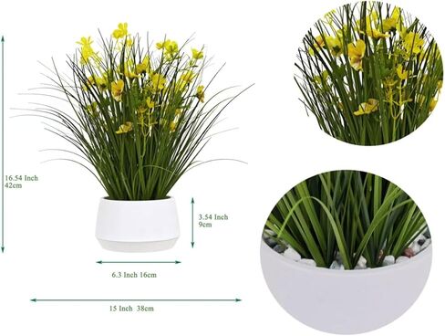 365 ديكور مزهر 16.5 بوصة نبات عشب البصل الأصفر الاصطناعي في وعاء أبيض حديث مع حصى زخرفية - عشب صناعي مع زهور صفراء، تجميع مجاني للمنزل، سطح الطاولة، الرف وديكور سطح الطاولة in Kuwait