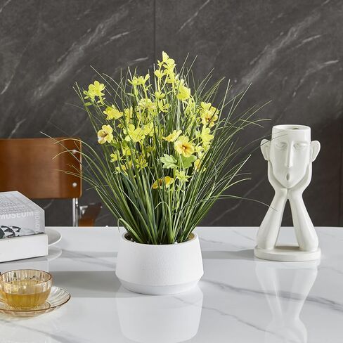 365 ديكور مزهر 16.5 بوصة نبات عشب البصل الأصفر الاصطناعي في وعاء أبيض حديث مع حصى زخرفية - عشب صناعي مع زهور صفراء، تجميع مجاني للمنزل، سطح الطاولة، الرف وديكور سطح الطاولة in Kuwait