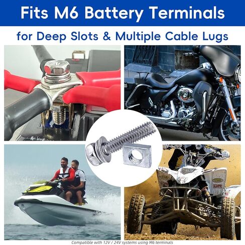 12 حزمة M6 × 25 مم من البراغي والصواميل الطرفية لبطارية الدراجة النارية طويلة جدًا ومسامير من الفولاذ المقاوم للصدأ مع صواميل مستطيلة لاستبدال طرف بطارية مولد جت سكي ATV in Kuwait