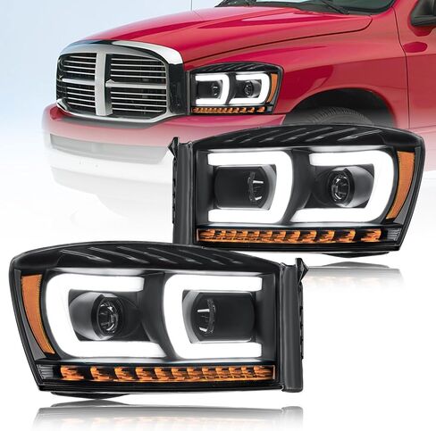 LED DRL Headlights Assembly Compatible with 2006-2008 Dodge Ram 1500 2500 3500 Left Right Side Replacement Headlamp w/Running Light Bar Black Housing Amber Reflector in Kuwait