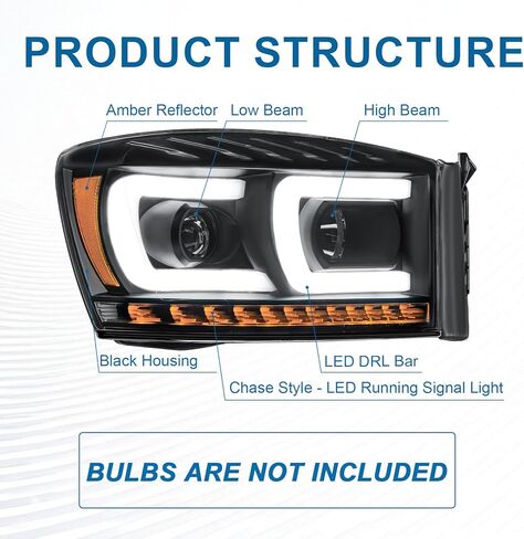 LED DRL Headlights Assembly Compatible with 2006-2008 Dodge Ram 1500 2500 3500 Left Right Side Replacement Headlamp w/Running Light Bar Black Housing Amber Reflector in Kuwait