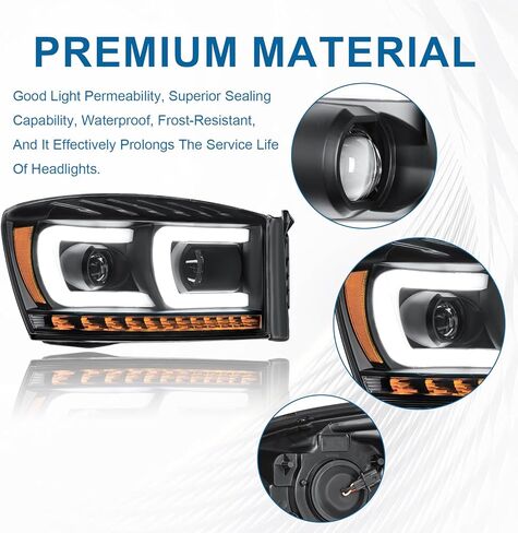 LED DRL Headlights Assembly Compatible with 2006-2008 Dodge Ram 1500 2500 3500 Left Right Side Replacement Headlamp w/Running Light Bar Black Housing Amber Reflector in Kuwait