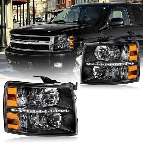 مصباح أمامي LED DRL، طقم تجميع المصابيح الأمامية متوافق مع 2007 2008 2009 2010 2011 2012 2013 تشيفي سيلفرادو 1500/2007-2014 سيلفرادو 2500 3500 أو مصباح أمامي عالي الدقة عاكس كهرماني أسود in Kuwait