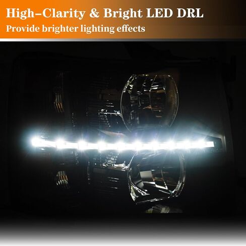 مصباح أمامي LED DRL، طقم تجميع المصابيح الأمامية متوافق مع 2007 2008 2009 2010 2011 2012 2013 تشيفي سيلفرادو 1500/2007-2014 سيلفرادو 2500 3500 أو مصباح أمامي عالي الدقة عاكس كهرماني أسود in Kuwait
