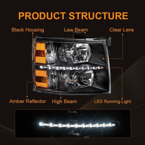 مصباح أمامي LED DRL، طقم تجميع المصابيح الأمامية متوافق مع 2007 2008 2009 2010 2011 2012 2013 تشيفي سيلفرادو 1500/2007-2014 سيلفرادو 2500 3500 أو مصباح أمامي عالي الدقة عاكس كهرماني أسود in Kuwait