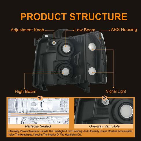 مصباح أمامي LED DRL، طقم تجميع المصابيح الأمامية متوافق مع 2007 2008 2009 2010 2011 2012 2013 تشيفي سيلفرادو 1500/2007-2014 سيلفرادو 2500 3500 أو مصباح أمامي عالي الدقة عاكس كهرماني أسود in Kuwait