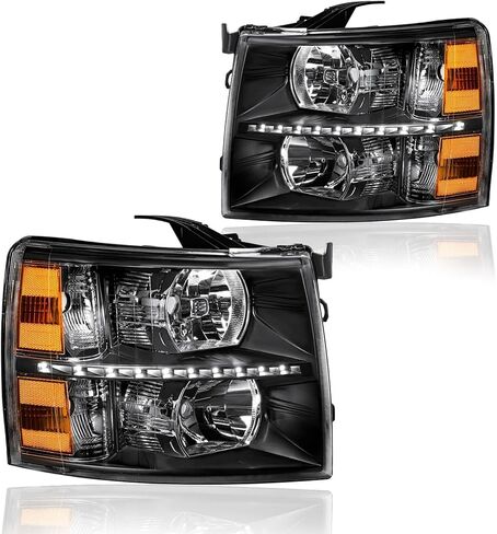 مصباح أمامي LED DRL، طقم تجميع المصابيح الأمامية متوافق مع 2007 2008 2009 2010 2011 2012 2013 تشيفي سيلفرادو 1500/2007-2014 سيلفرادو 2500 3500 أو مصباح أمامي عالي الدقة عاكس كهرماني أسود in Kuwait