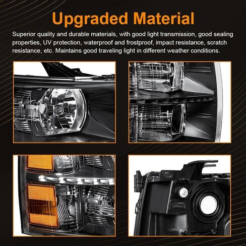 مصباح أمامي LED DRL، طقم تجميع المصابيح الأمامية متوافق مع 2007 2008 2009 2010 2011 2012 2013 تشيفي سيلفرادو 1500/2007-2014 سيلفرادو 2500 3500 أو مصباح أمامي عالي الدقة عاكس كهرماني أسود in Kuwait