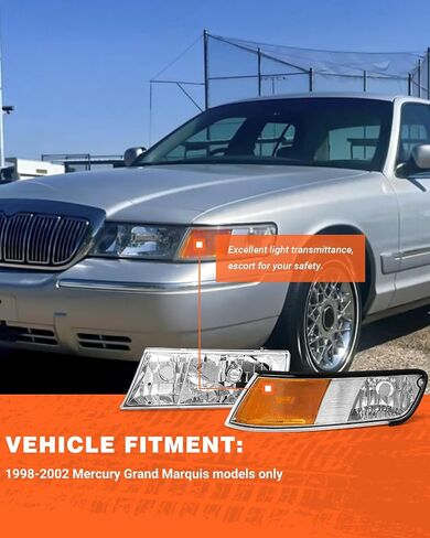 1998-2002 Mercury Grand Marquis Headlight Assembly for 98 99 00 01 02 Mercury Grand Marquis Chrome Housing Headlamp with Clear Lens Amber Reflector Left+Right Pairs(Not included Bulbs) in Kuwait