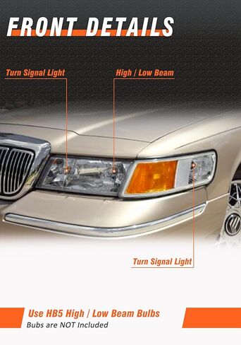 1998-2002 Mercury Grand Marquis Headlight Assembly for 98 99 00 01 02 Mercury Grand Marquis Chrome Housing Headlamp with Clear Lens Amber Reflector Left+Right Pairs(Not included Bulbs) in Kuwait