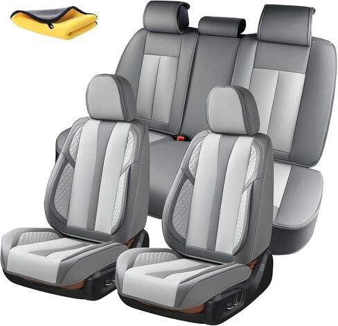 KEYOOG 5-Seater Car Seat Covers Full Set Waterproof and Breathable Nappa Leather, Fit for Front and Rear Seats of Cars, Compatible with Airbags, Car Seat Protector Covers for Most Cars - Light Gray in Kuwait