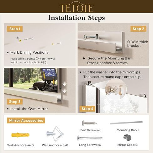TETOTE Home Gym Mirror 65" x 22", Fitness, Wall Mounted for Garage, Bedroom, Oversized Frameless Mirror in Kuwait
