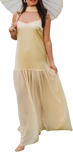Women's Elegant Satin Mesh Slip Maxi Dress with Scarf Elegant Solid Spaghetti Strap Party Long Dress in Saudi Arabia