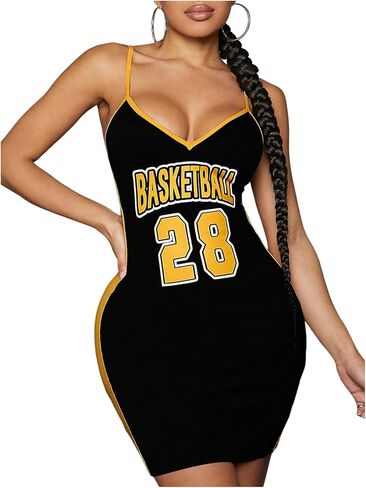 فستان Verdusa النسائي من الجيرسيه مطبوع عليه حروف، فساتين قصيرة ضيقة ورقبة على شكل حرف V in Kuwait