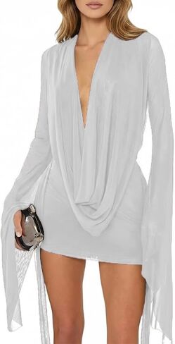 Women Sexy Draped Cowl Neck Backless Mesh Mini Dress Sheer Bell Long Sleeve Cover Up Party Dresses Beachwear in Kuwait