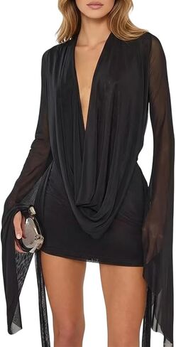 Women Sexy Draped Cowl Neck Backless Mesh Mini Dress Sheer Bell Long Sleeve Cover Up Party Dresses Beachwear in Saudi Arabia