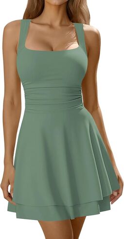 Laughido Women's Square Neck Party Dress Sleeveless Ruched Tiered A Line Short Club Dresses in Kuwait