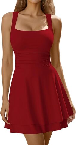 Laughido Women's Square Neck Party Dress Sleeveless Ruched Tiered A Line Short Club Dresses in Saudi Arabia