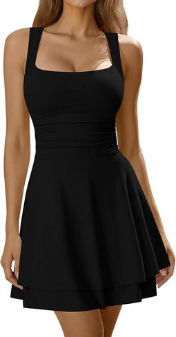 Laughido Women's Square Neck Party Dress Sleeveless Ruched Tiered A Line Short Club Dresses in Saudi Arabia
