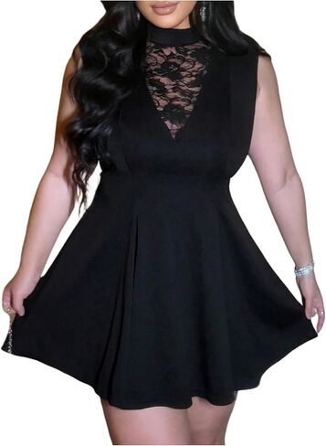 Floerns Women's Plus Size Floral Lace Mini Dress Sleeveless Mock Neck A Line Club Party Dresses in Saudi Arabia