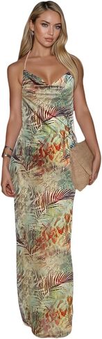 RARITYUS Women Sexy Open Back Tropical Floral Maxi Dress Beaded Chain Cowl Neck Side Slit Vacation Dress Party Dresses in Saudi Arabia