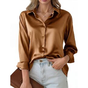 Women's Satin Silk Button Down Shirts Silky Long Sleeve Office Work Shirt Business Casual Blouses Tops in Kuwait