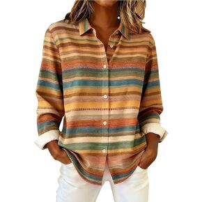 Womens Plaid Tops Boho Long Sleeve Button Down Shirts Casual Dressy Blouses Oversized Collared Summer Tops in Kuwait