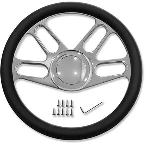 Chrome 14" Billet Aluminum 9 Holes Steering Wheel Trinity Style with Black Leather Half Wrap & Smooth Horn Button in Kuwait