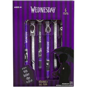 Wednesday Erasable Gel Pens 0.5 mm Tip, 6 Color Set with Built-in Erasers & Decorative Toppers, Smooth Ink Gel Pens for Writing, Gifts for Girls in Kuwait