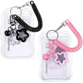 2 حزمة حامل بطاقة الصورة، حامل بطاقة الصور لطيف نجمة موجة Photocard المفاتيح Kawaii بطاقة صورة شفافة لبطاقات الهوية حافلة حامي حاملي بطاقات المعبود (أسود، وردي) in Kuwait