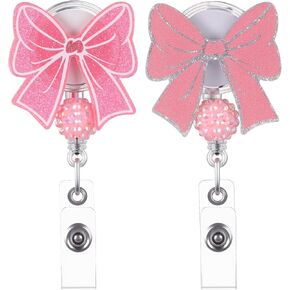 2 Pack Pink Bow Bead Badge Reel, Retractable Nurse Badge Reels with Alligator Clip, Cute Badge Reel for Nurse Teacher Office Work in Kuwait