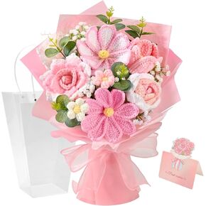 باقة زهور الكروشيه الوردية من Waipfaru، زهور وهمية محبوكة يدويًا مع بطاقة، زهور التوليب الكروشيه لعيد الحب والذكرى السنوية وعيد الأم وعيد الأم والزوجة والصديقة in Kuwait