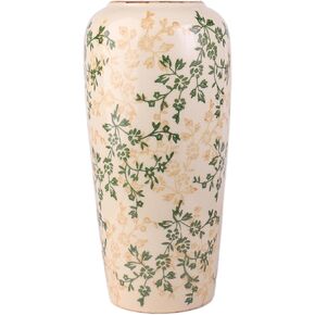 مزهرية كبيرة من السيراميك مرسومة يدويًا مقاس 11.5 بوصة - نباتات خضراء وأزهار صفراء، طلاء زجاجي مشقق وحافة عتيقة، أعمال فنية مستوحاة من الصين in Kuwait