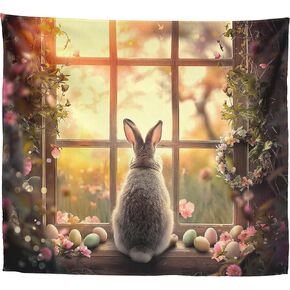 Xolytar Easter Bunny Window Tapestry - Rabbit Looking Out Rustic Window with Eggs Wall Art, Cottagecore Spring Morning Aesthetic, Cozy Bedroom Holiday Decor (50x60) in Kuwait