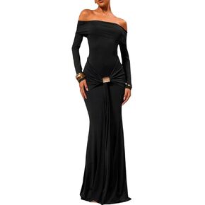 Women's Grace Maxi Dress Off Shoulder Long Sleeve Bodycon Elegant Solid Formal Gown for Wedding Guest in Kuwait