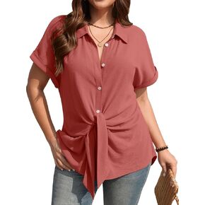 TARSE Women Linen Shirt Tie Front Button Down Shirt Collared Short Sleeve Blouse Casual Summer Tops in Kuwait