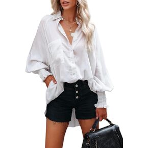 Button Down Shirts for Women Oversized Smocked Cuffed Collared Boyfriend Shirt Long Sleeve Blouse Tunic Top with Pocket in Kuwait