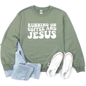 Verita Culture Running On Coffee And Jesus Christian Sweatshirt Women Fall Season Long Sleeve Graphic Shirts Cozy Lover Tops in Kuwait