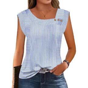 Womens Summer Tops Trendy Asymmetrical Square Neck Buttons Shirts Casual Cap Sleeve Loose Blouses in Kuwait