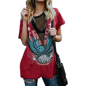 Karlywindow Womens Short Sleeve Graphic Tees Distressed Hawk Print Mesh V Neck Loose Sexy T-Shirt Tops in Kuwait