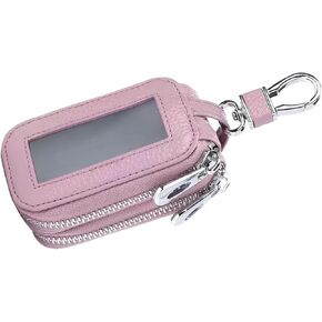 1 PC Car Key Fob Holder, Leather Double Zipper Key Case with Clear Window, Universal for Most Cars (Pink) in Kuwait