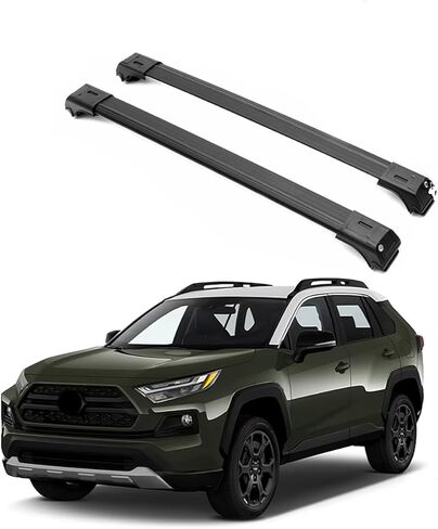 قضبان متقاطعة لحامل السقف ERKUL لسيارة Toyota RAV4 2019-2025 Adventure/TRD للطرق الوعرة/الغابات الهجينة | قضبان متقاطعة من الألومنيوم مع قفل مضاد للسرقة على السطح | متوافق مع القضبان المرتفعة - أسود in Kuwait