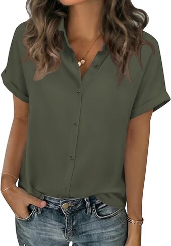 Zeagoo Short Sleeve Summer Tops for Women Casual Button Down Shirts Solid/Striped Business Work Blouses in Saudi Arabia