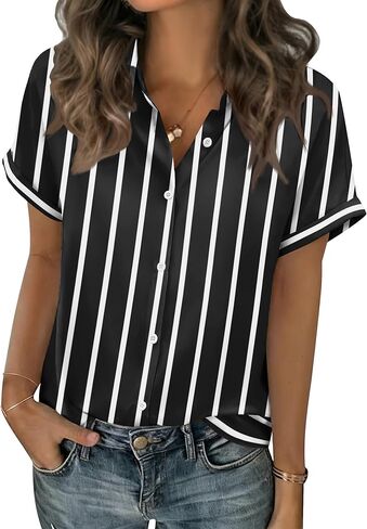 Zeagoo Short Sleeve Summer Tops for Women Casual Button Down Shirts Solid/Striped Business Work Blouses in Saudi Arabia