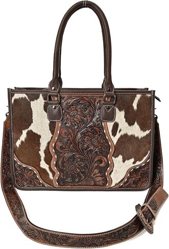 Merbaa Leather Tote Bag Western Cowhide Hair-On Tote Bag for Women Shoulder Bag Purse Handtooled With Adjustable Strap in Saudi Arabia