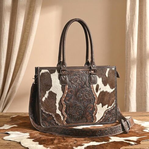 Merbaa Leather Tote Bag Western Cowhide Hair-On Tote Bag for Women Shoulder Bag Purse Handtooled With Adjustable Strap in Saudi Arabia