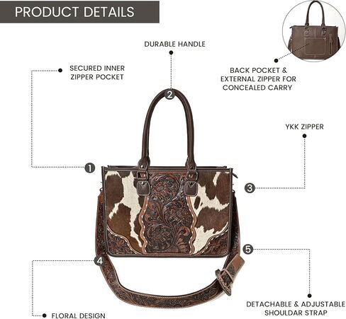 Merbaa Leather Tote Bag Western Cowhide Hair-On Tote Bag for Women Shoulder Bag Purse Handtooled With Adjustable Strap in Saudi Arabia