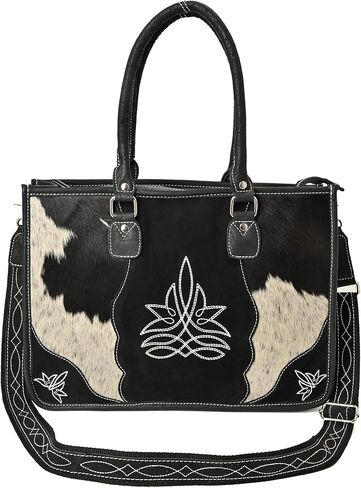 Merbaa Leather Tote Bag Western Cowhide Hair-On Tote Bag for Women Shoulder Bag Purse Handtooled With Adjustable Strap in Kuwait