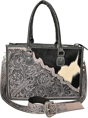 Merbaa Leather Tote Bag Western Cowhide Hair-On Tote Bag for Women Shoulder Bag Purse Handtooled With Adjustable Strap in Saudi Arabia