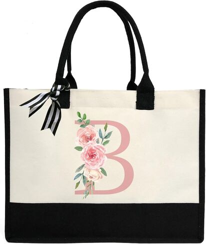 Personalized Initial Canvas Tote Bag for Women, Beach Bag with Inner Zipper Pocket for Wedding, Birthday, Beach, Holiday in Saudi Arabia
